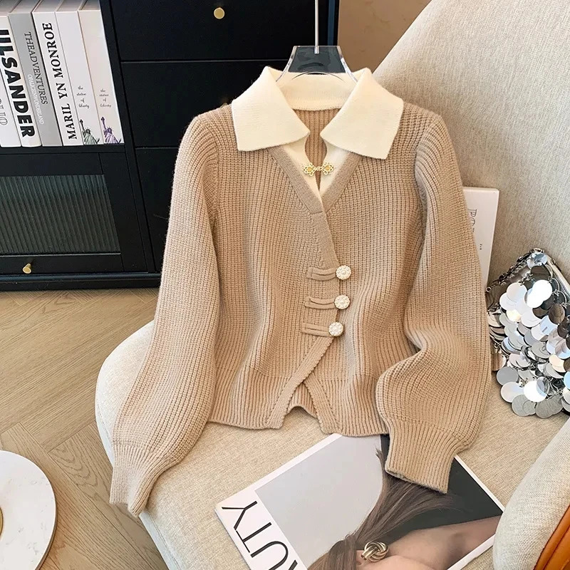 2025 Autumn Winter Splicing Slim Women Knitted Cardigan Sweater Jacket Fashion Two Items Loose Ladies Top 260122