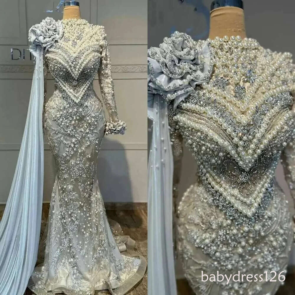 Women Muslim Crystals Evening Dresses, Long Sleeveless Cover, The, Floor Length, Pearls, Ball Gown, Large Size, Party Dress