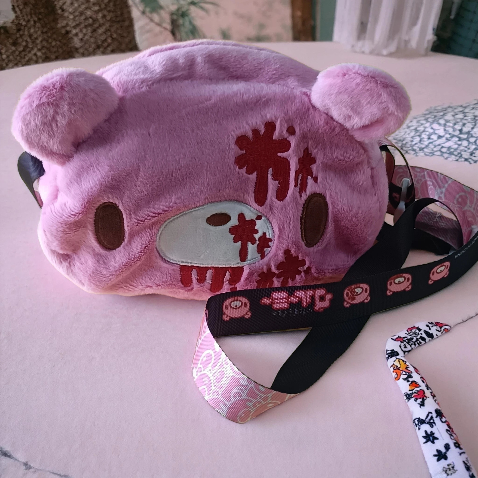 Gloomy Bear plush crossbody bag Pink cute edgy with blood splatter details A fun unique pick for fans 260208