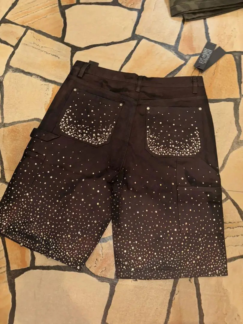 Vintage 2000s Y2k Rhinestone Sequin Denim Shorts Streetwear Mens Jeans Hip Hop Baggy Denim Gym Shorts Casual Shorts 260208