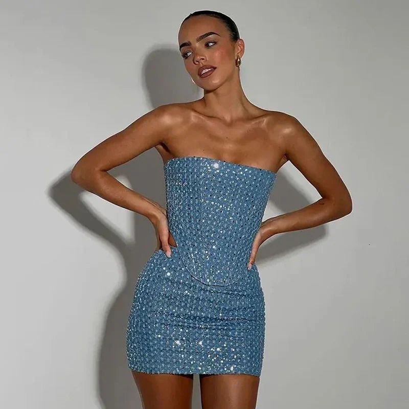 BWQ Women Blue Sequined Denim 2 Piece Sets Sexy Strapless Top Stylish Woman Mini Skirt Tweed Set Summer Nightclub Outfits 250203