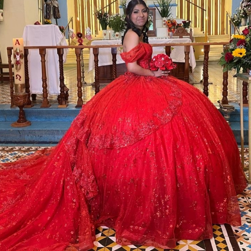 Red Shiny Quinceanera Dresses Ball Gown Off The Shoulder Sequin Applique Lace Beading Crystal Tull Sweet 16 Dress Vestidos 15 De Anos