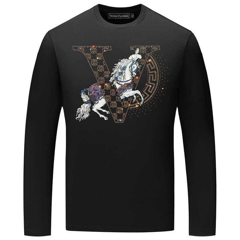Long-Sleeve T-Shirt, Spring And Autumn Slim-Fit Round-Neck Base Shirt, Men's Clothing, Large Size, Rhinestone Printed