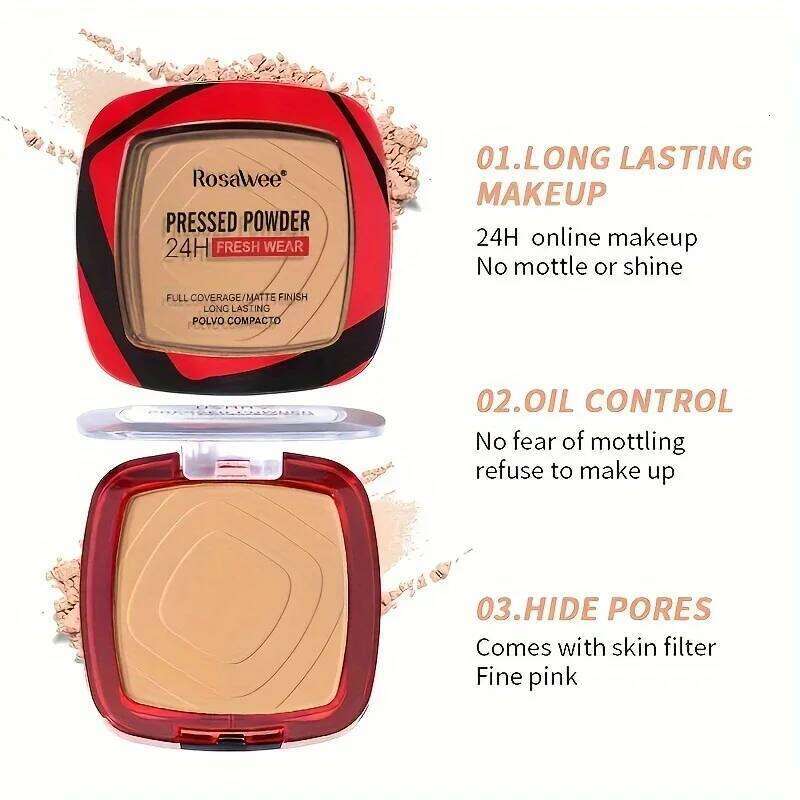 Full Coverage Pressed Foundation With Puff Applicator, 24H Wear Matte Weightless Finishing Powder Makeup 26L0209