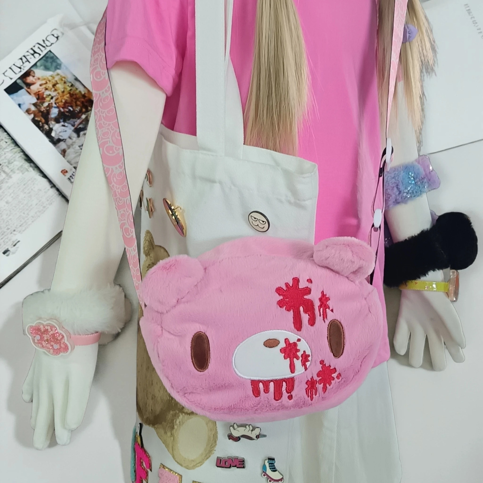 Gloomy Bear plush crossbody bag Pink cute edgy with blood splatter details A fun unique pick for fans 260208