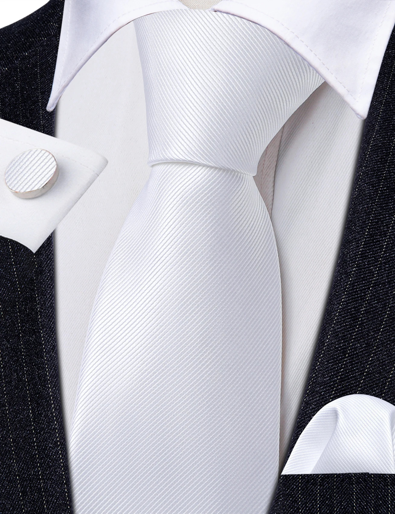 Silver White Silk Men Tie Handkerchief Cufflinks Set Jacquard Solid Paisley Floral Necktie For Male Wedding Business BarryWang 260208