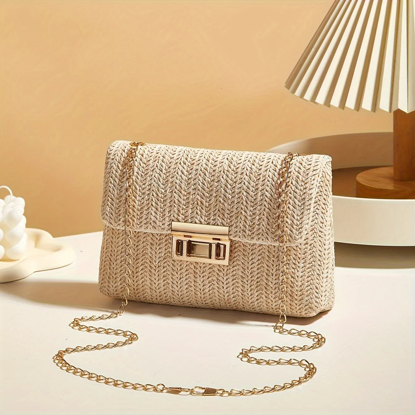 Woven Straw Handwoven Womens Shoulder Bag Fashion Solid Color Crossbody Purse with Lock Clre 260208