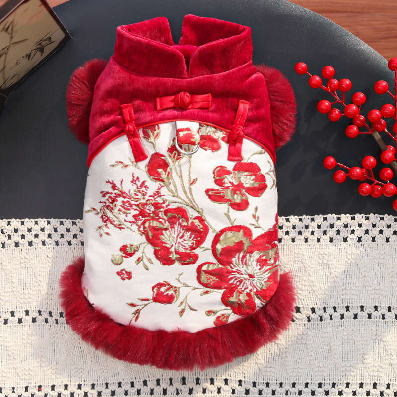 New Chinese Style Floral Prosperity Pet Fleece Dog Cat Autumn Winter Clothes Accessories Bichon Foreign Trade Wholesale