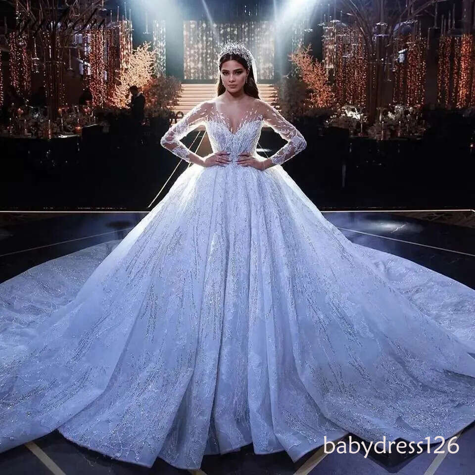 Customized glitter fringed bright sequins tulle appliques illusion wedding dresses