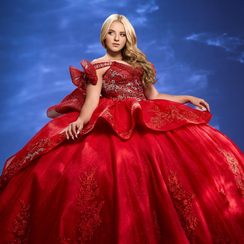 Red Quinceanera Dresses Ball Gown Off The Shoulder Applique Lace Beading Crystal Bow Tull Sweet 16 Dress Vestidos 15 Anos