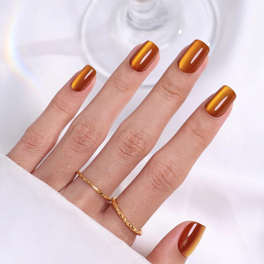 Burnt Orange Cat Eye Short Square Nails stick-on with glue included 16 sizes - 32 pieces reusable