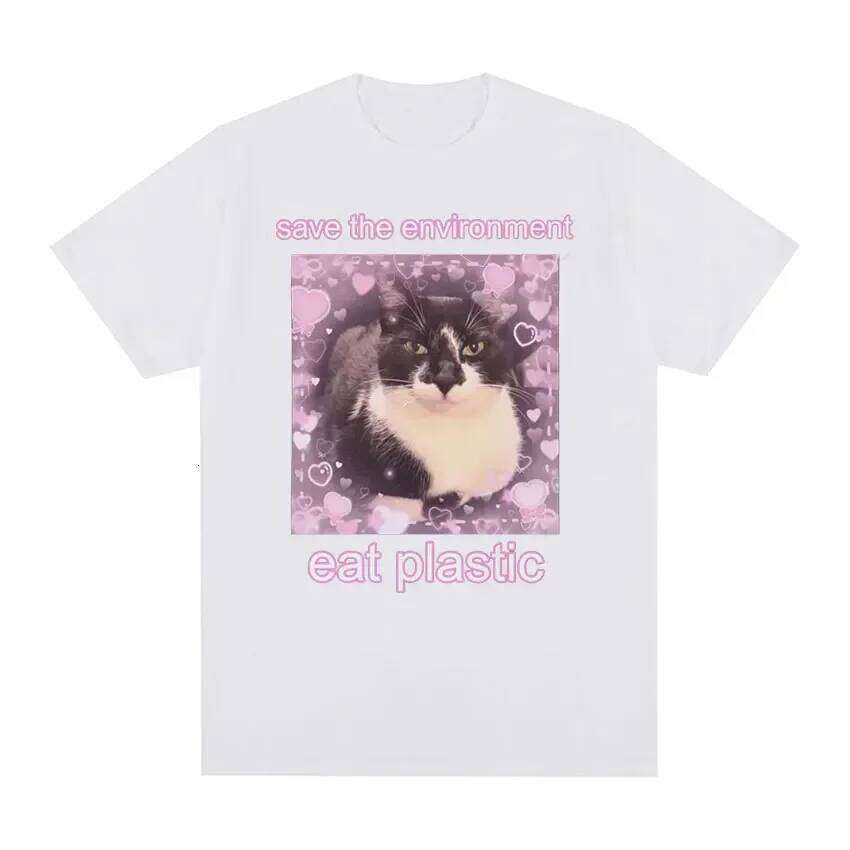 Save The Environment Eat Plastic Cute Cat Graphic T Shirt Funny Men Women O-Neck Clothing T-shirts Oversized T-shirt X260209