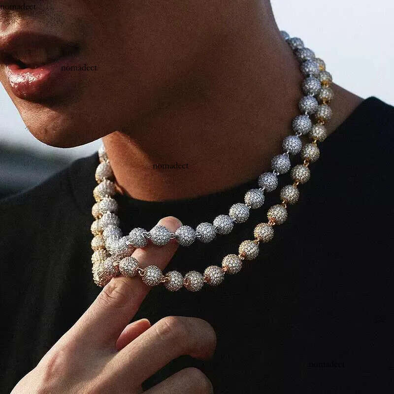Bulk Wholesale Hip Hop Brass 10mm Dia Gold Plated Mrice Paved Moissanite Bead Necklace Women Men Jewelry f9
