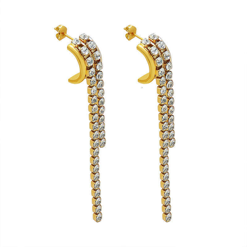 French-style Long Tassel Earrings Full Diamond Inlay, Sparkling Earrings, Elegant Titanium Steel Plated With 18k Gold Jewelry Gift