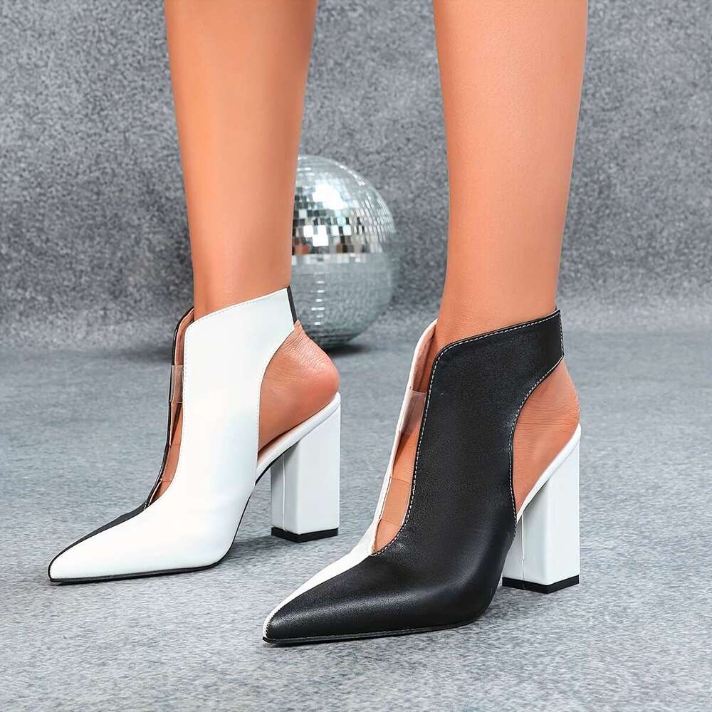 Thick Heeled Pointed High Heeled With Black White Matching And Empty Boots Summer Single Shoe Sandals Women Shoes MOJIDASHU