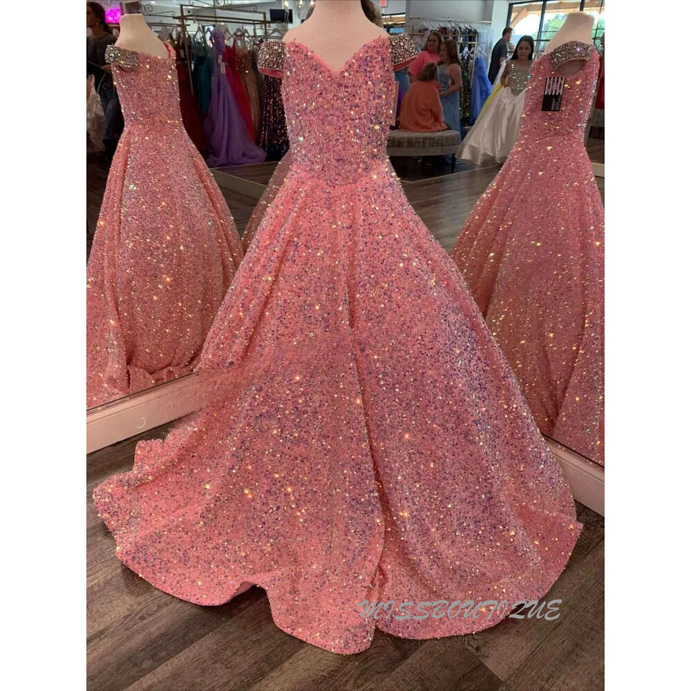 Iridescent Girl Pageant Dress Velvet Sequin Beading Off-Shoulder Little Kid Birthday Formal Party Gown A-Line Toddler Teens Preteen Pink Ivory 0209 Lu