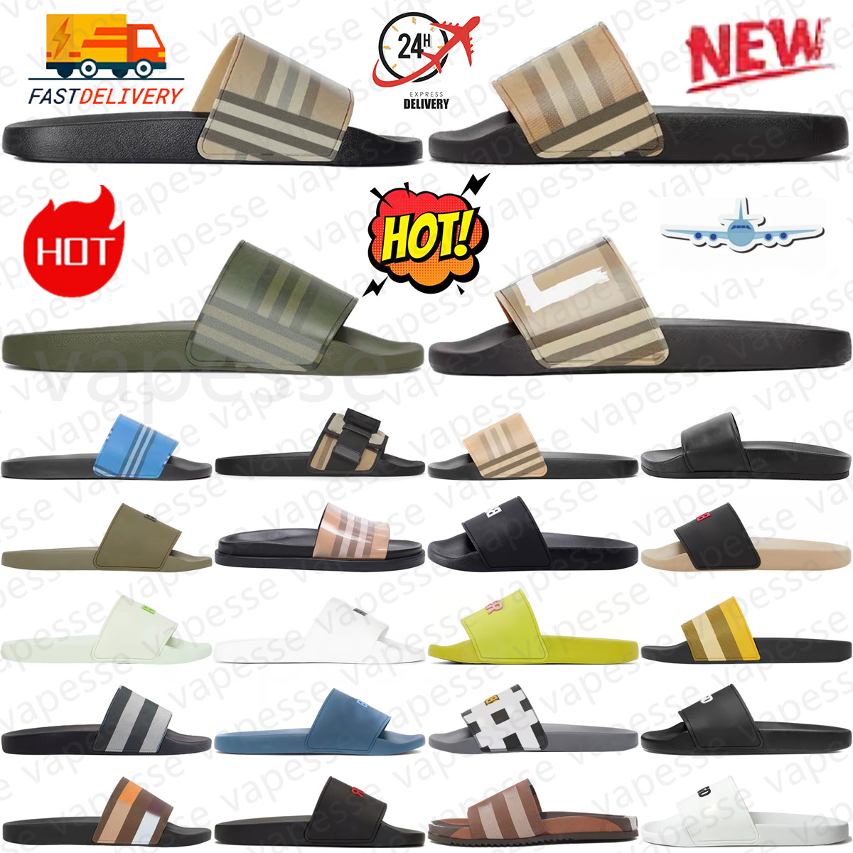 designer Men women slippers Furley Slides Vintage Check Pink Dark Fern Green Black Blue Archive Beige Pale Candy Pink