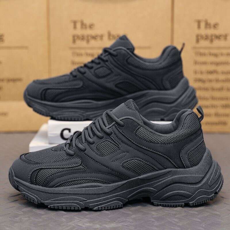 Pure Black Autumn 2025 New Work Safety Non-Slip Wear-Resistant Men's Running Sports Dad Shoes Thick Sole