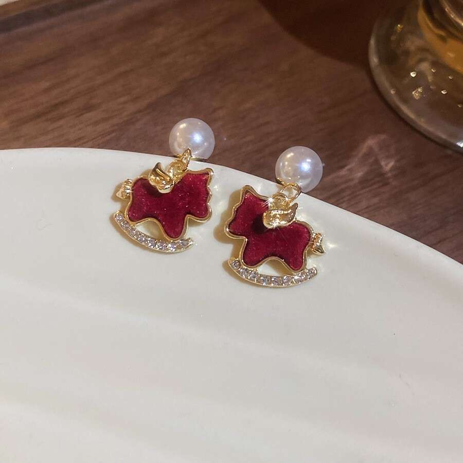 Chinese Gold Earrings Plated Zodiac Horse with Flocked Pony Pearl and Red Crystal Accents Light Luxury for Festival and 1 Cultural Celebration High Qu