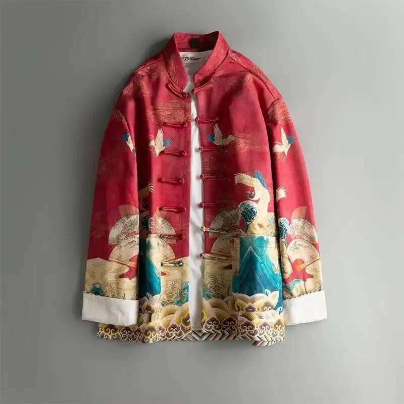 Mardi Hefxessdr Tang Men s Outerwear Jacket New Chinese Style Trendy Casual Printed Spring and Autumn Buttoned Crane Handsome