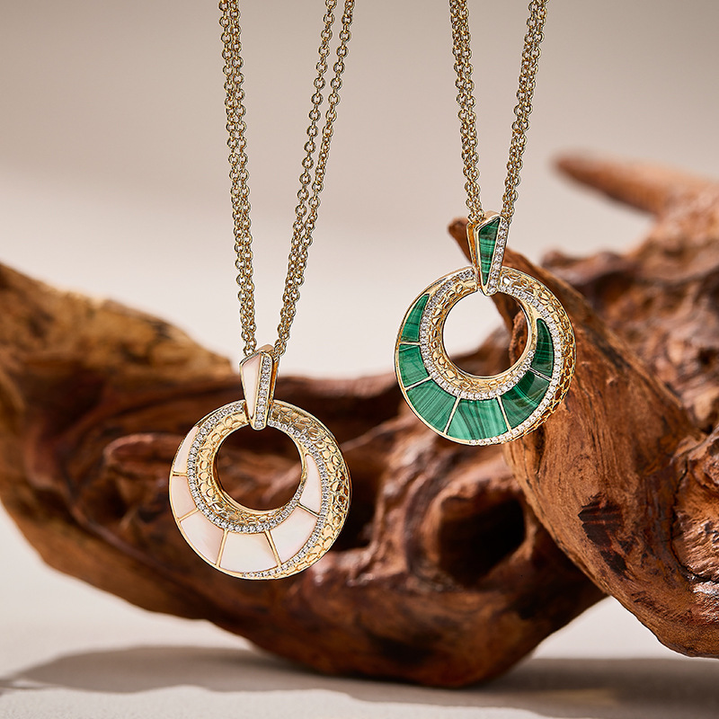 Necklace Malachite Snake-Pattern Necklace, Gold-Plated Double-Chain Vintage Necklace Personalized Donut Clavicle Chain Necklace