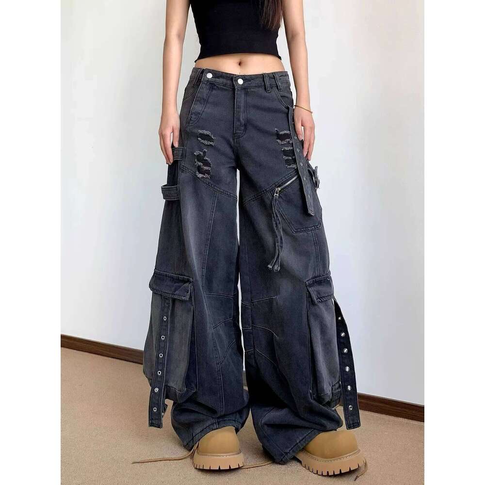 Fashion Women's Multiple Pockets Jeans Denim Cargo Wide Leg Pants Streetwear Vintage Harajuku 90s Y2k Oversize Trouser