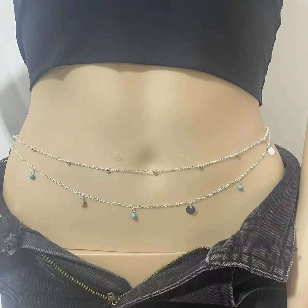 Minimalist Tassel Sequin Double Layer Casual Pants Hip-hop Body Fashionable Retro Turquoise Waist Chain X260209