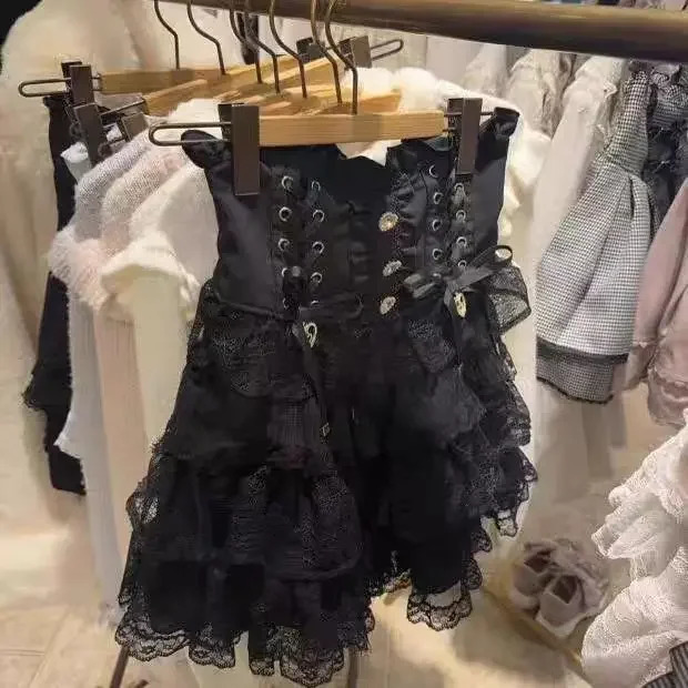 Japanese Lolita Lace Layered Skirt Women Anime High Waist Maid Style Sweet Ruffle Cake Skirt Kawaii Harajuku A-Line Mini Skirt 260122