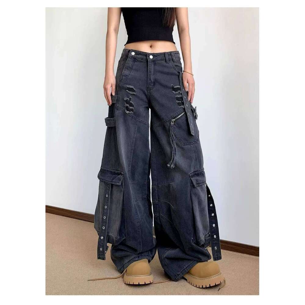 Fashion Women's Multiple Pockets Jeans Denim Cargo Wide Leg Pants Streetwear Vintage Harajuku 90s Y2k Oversize Trouser