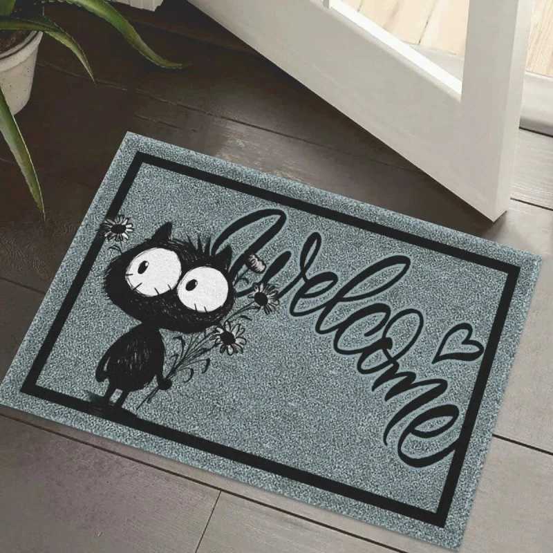 Natural Coir Welcome Doormat with Cute Black and White Cats Heart Design Non Slip Entryway Rug for Home Decor Indoor Outdoor S260207