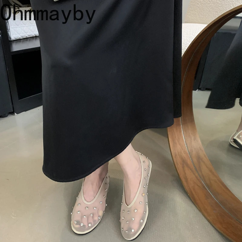 Fish Net Crystal Women Loafers Shoes Comfort Ladies Slip On Dress Ballet Flats Shoes 2026 Spring Ladies Concise Shoes 260124