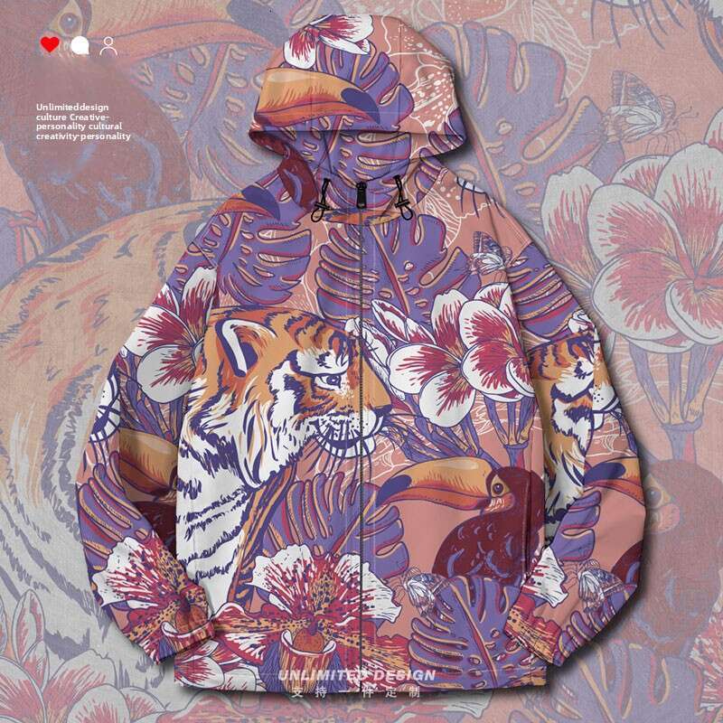 Mardi Hefxessdr Tiger National Trend Hawaiian Beach Hooded Jacket for Men and Women Trendy Brand Cotton Coat