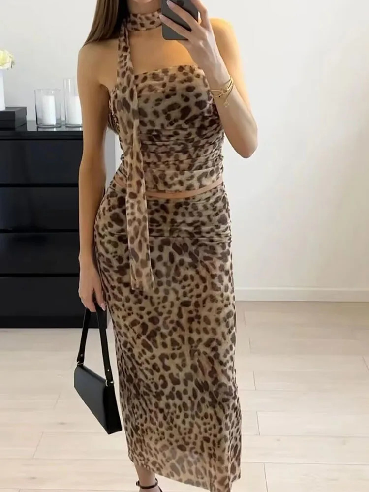 Womens tulle leopard print top shoulder straight neck and leopard print straight skirt summer casual girls two-piece set 260120