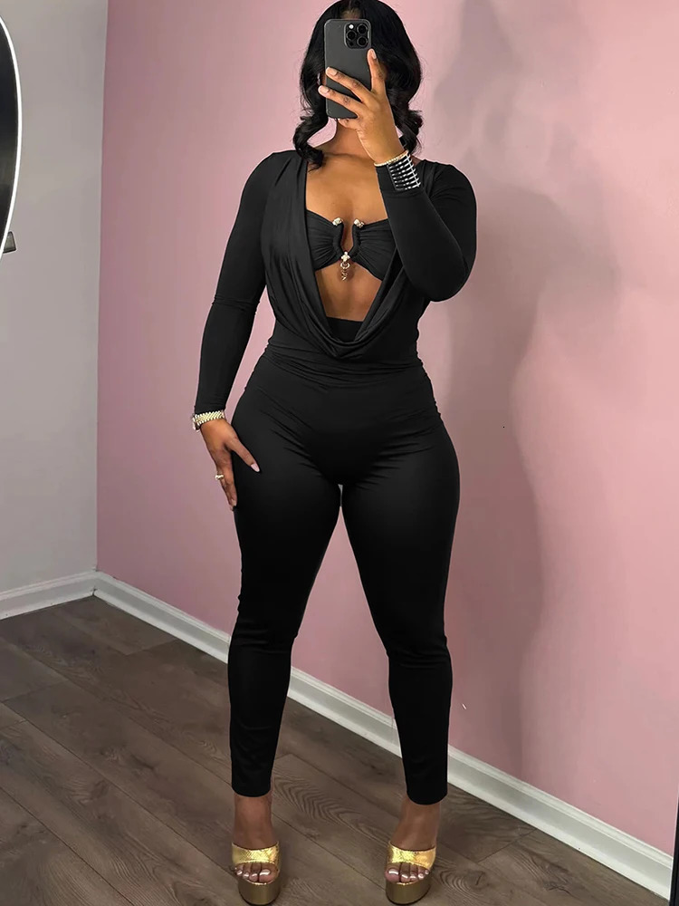 Sisterlinda Swinging Neck Slim Jumpsuits Sexy Solid Cleavage Full Sleeve Elastic OverallsInside Chest Tanks Mujer Clubwear 260126
