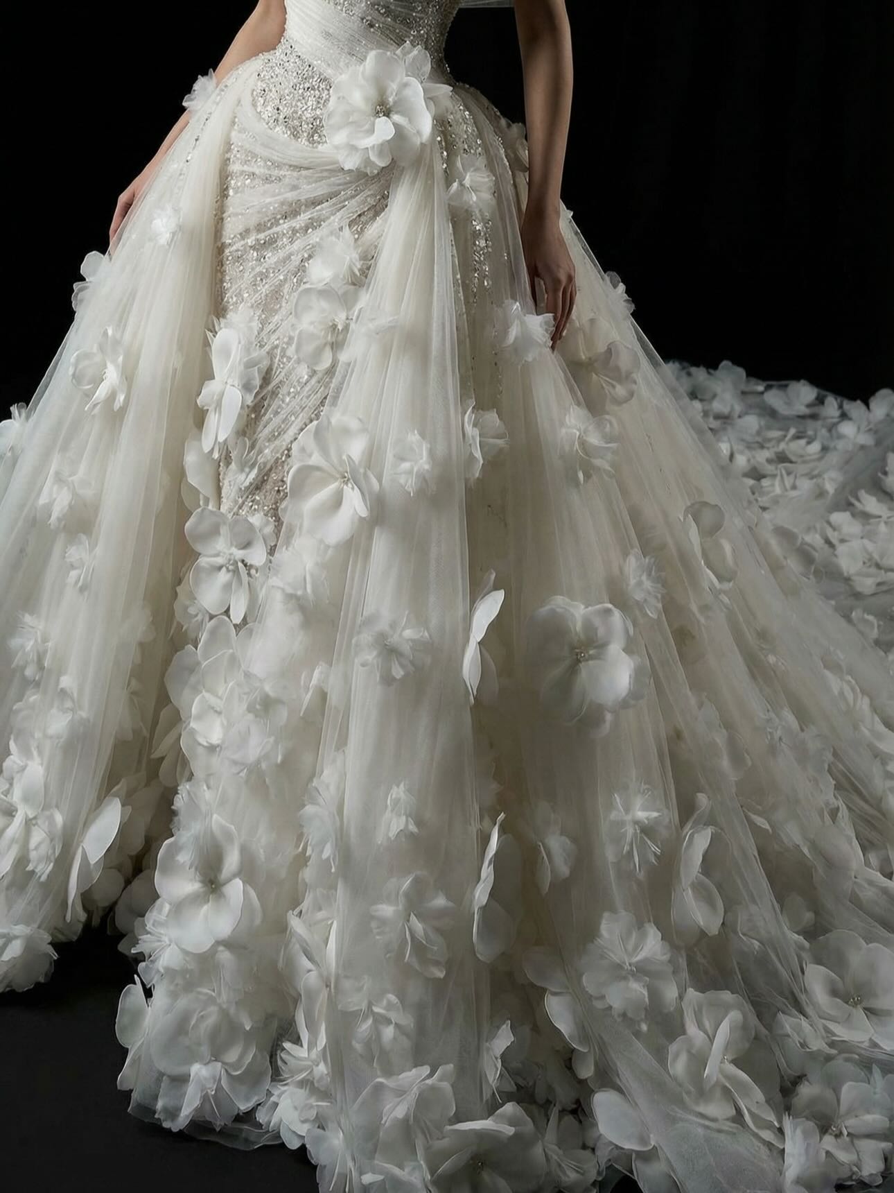 Romantic 3D Floral Wedding Dresses Crystal Mermaid Bridal Gowns with Overskirts Pearls Flowers Customized Vestidos De Novia Plus Size