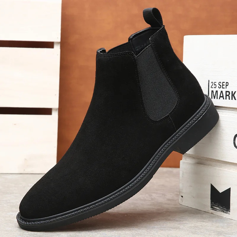 Black Suede Shoes Mens Chelsea Boots Winter Casual Genuine Leather Ankle Pointed Toe Short Men Hightop 260208