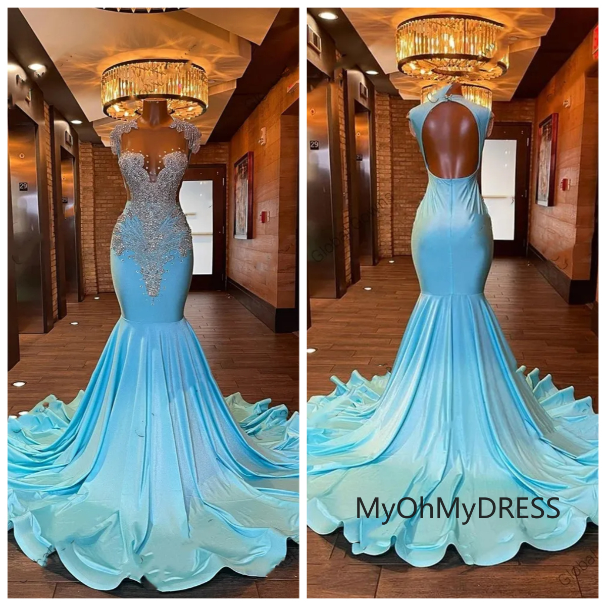 Baby Blue Sheer Neck Prom Dresses For Black Girls Beaded Crystal Diamond Birthday Party Dresses Mermaid Formal Gowns robe de soiree mariee luxe 0209