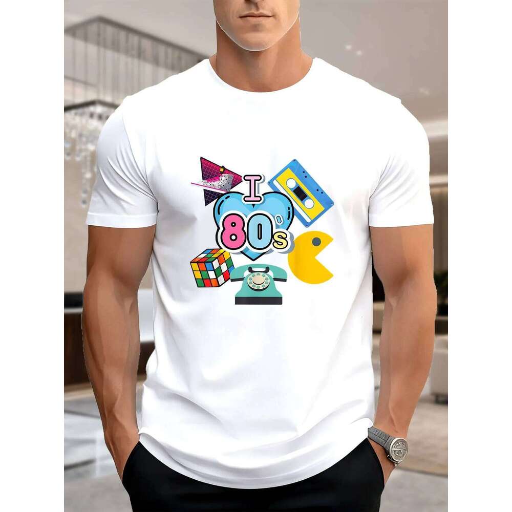 Men's Printed Short Sleeve T-Shirt - Trendy Phone Paco Design, 100% Cotton Soft Tee for Casual Wear, Breathable & Comfortable X260209