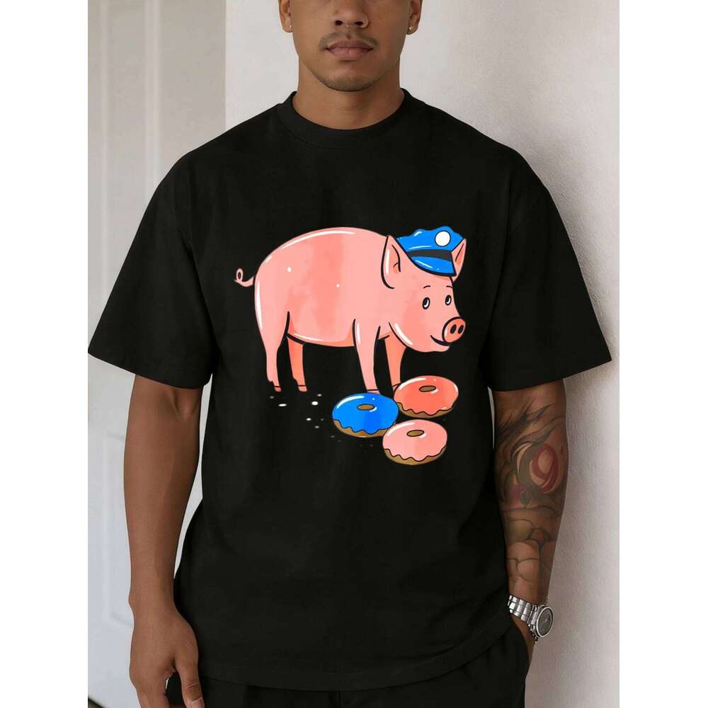 Oversized Cotton Men's T Shirt Funny Pig Donuts Graphic Printed Short Sleeve Summer Tshirt for Men X260209