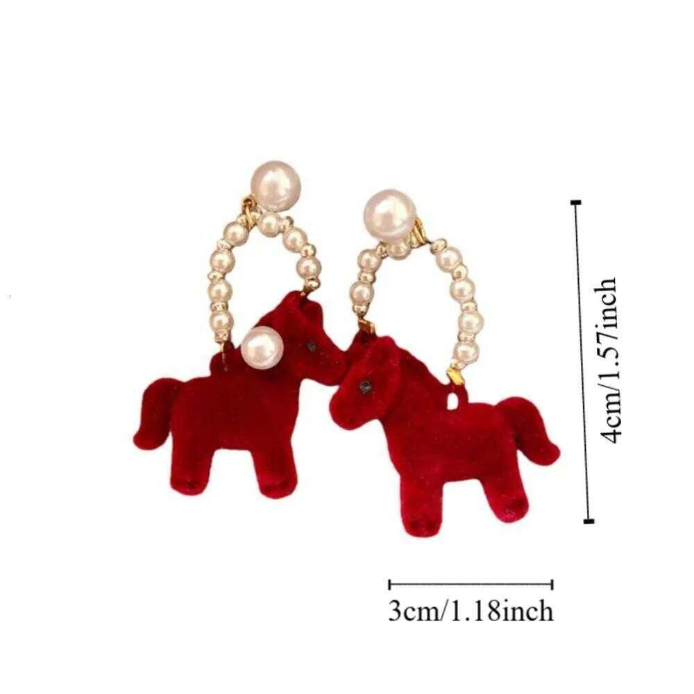 Earrings Cartoon Chinese New Year Style Flocked Horse Mascot with Red Pony and Pearl Drop for Festival Party Jewellery Gift High Quality Texture