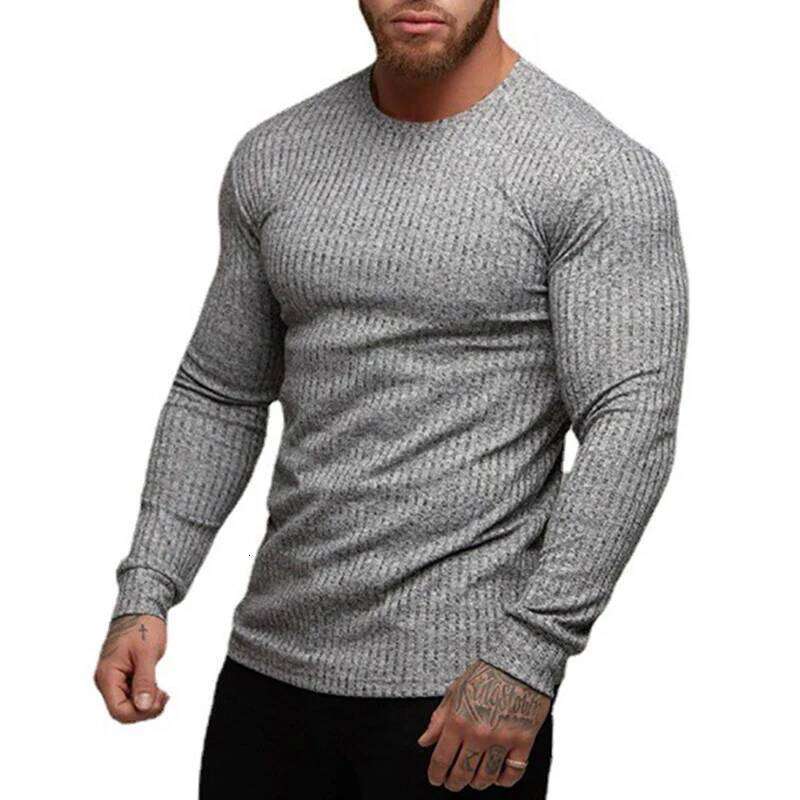 Autumn Breathable Knitted Long Sleeve Shirt Men Fitness Sport Stripe Slim Fit Clothing Gym Bodybuilding O-neck Quick Dry T-Shirt 26Y0209