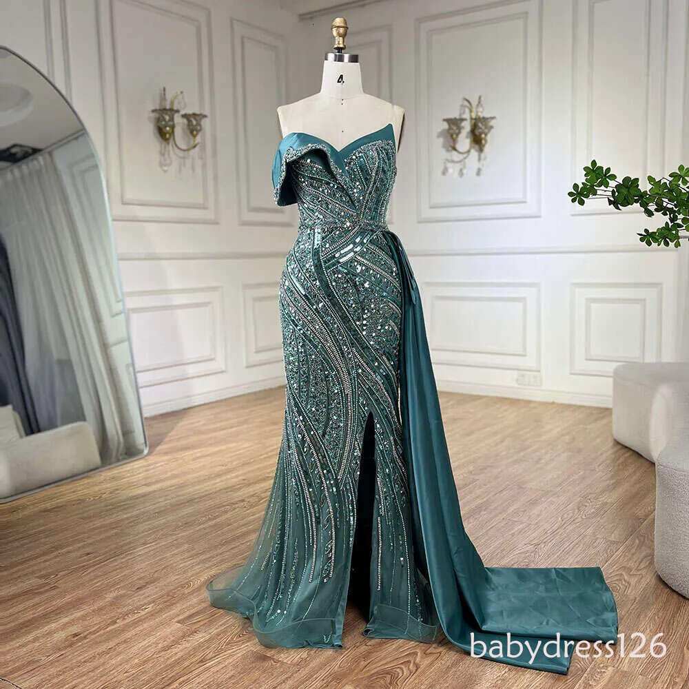 Serene Hill Arabic Turquoise Beaded Evening Dresses Dubai Elegant One Shoulder Women Party Gown
