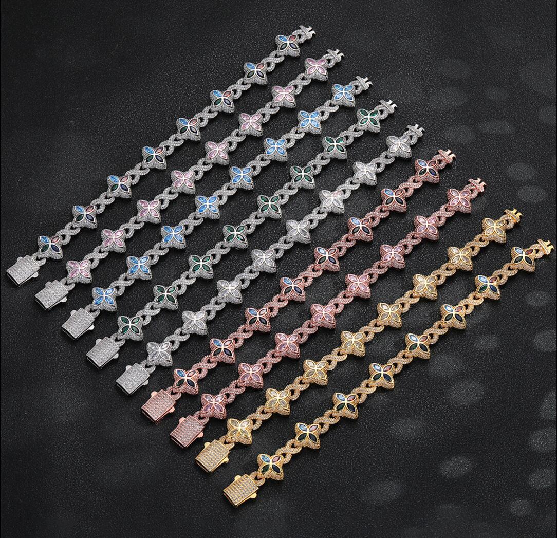 New Arrival Hip Hop Pink White ColorfulClover Bracelet Necklace Iced Out Flower A necklace Cuban Chain for Men ddmysept