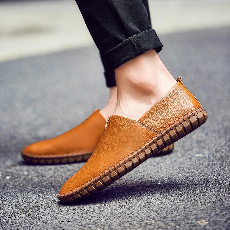 Summer Breathable Men Loafers Handmade Leather Mens Driving Shoes Flat Casual Soft 260126
