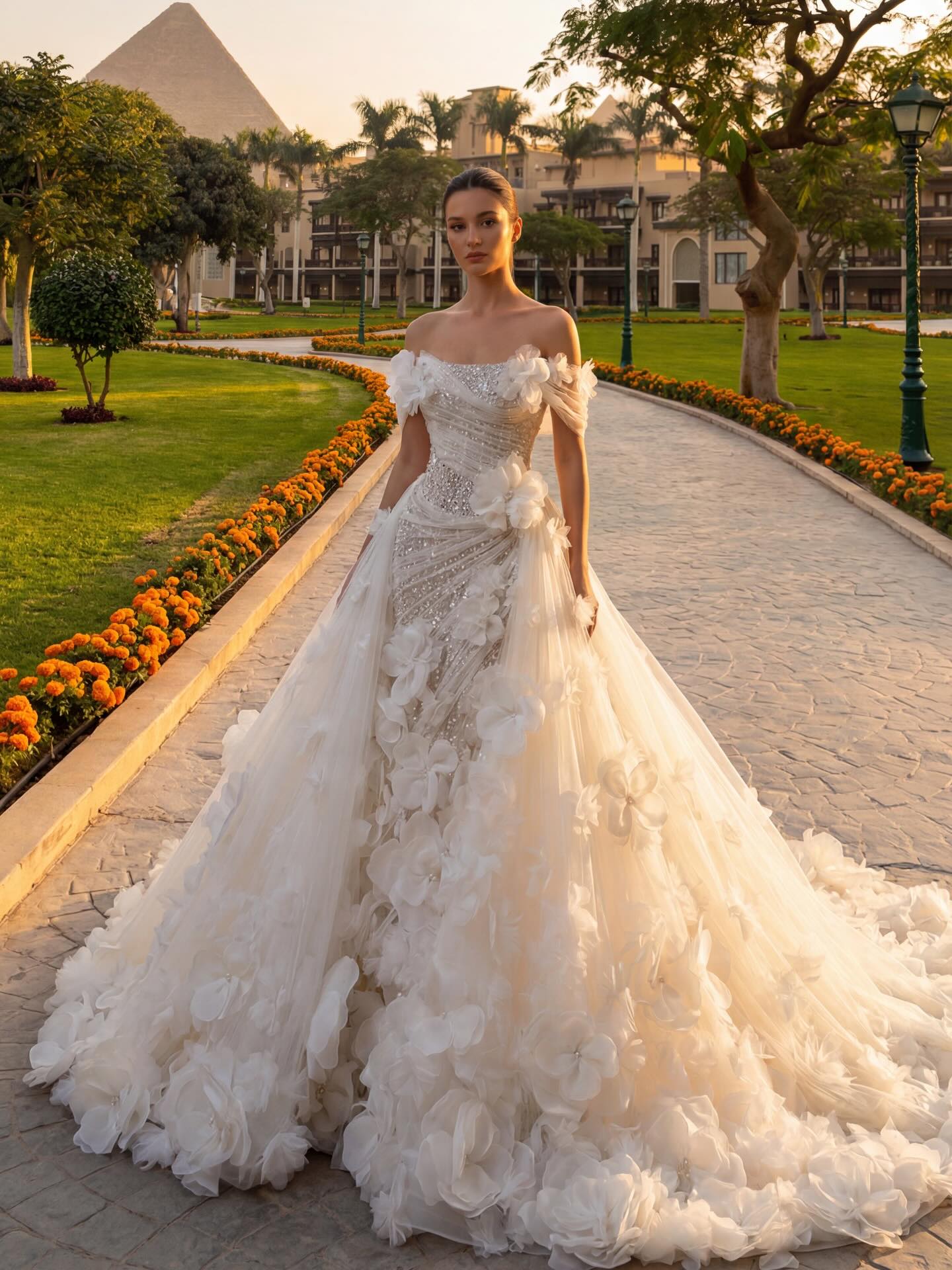 Romantic 3D Floral Wedding Dresses Crystal Mermaid Bridal Gowns with Overskirts Pearls Flowers Customized Vestidos De Novia Plus Size