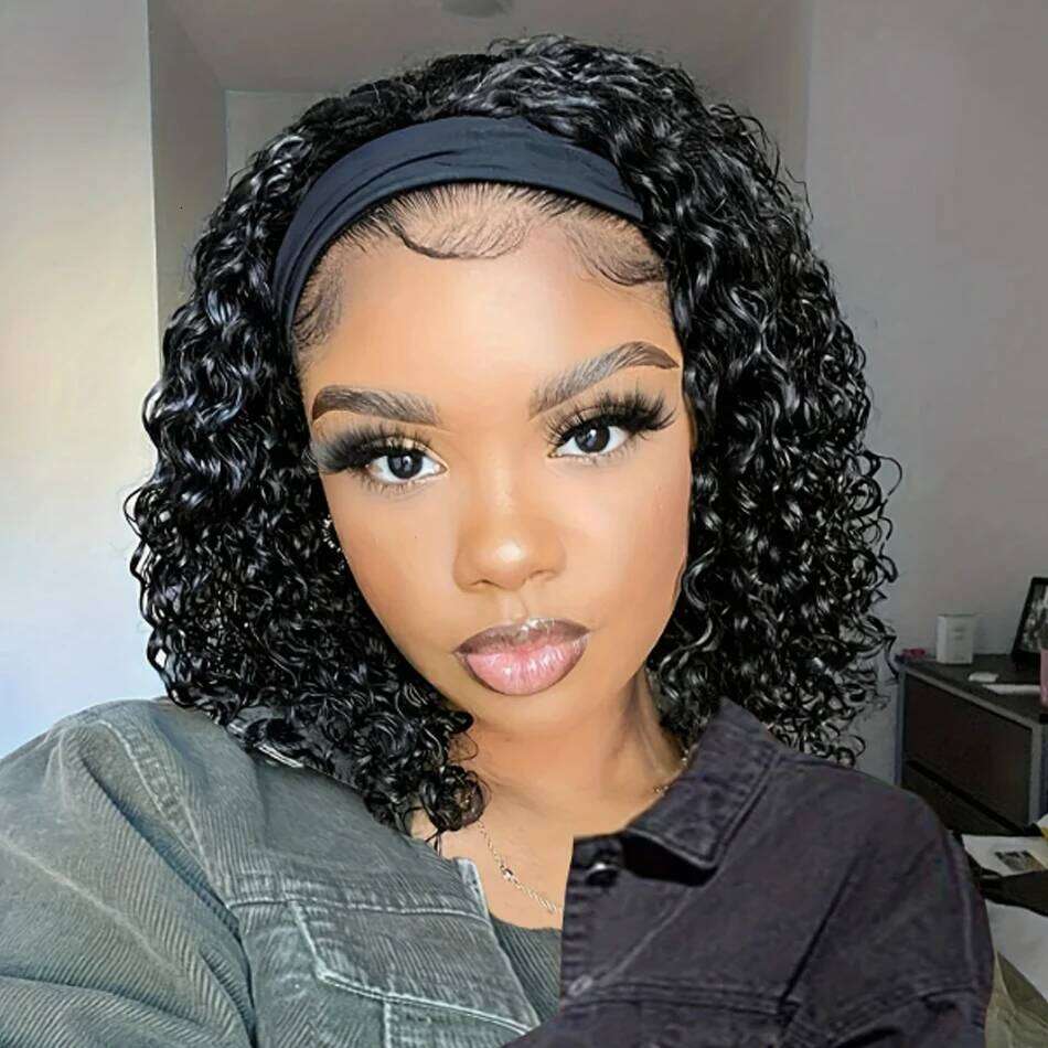 Kinky Headband Wig Human Curly Bob For Women 100% Real Bobo Full Machine Made Wigs Natural Black Hair VMS