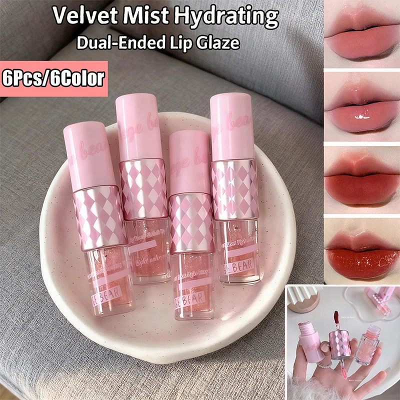 6Pcs Gege bear Velvet Mist Dewy Dual-Ended Lip Gloss Hydrating Lip Gloss 2-in-1 Layering 260129