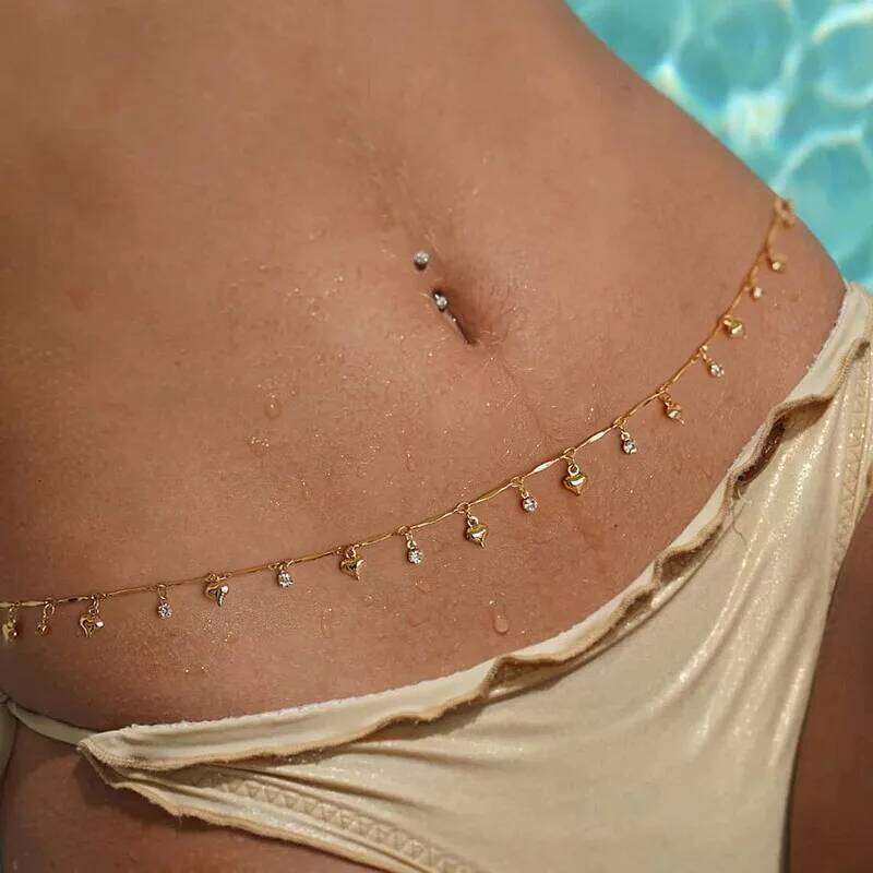 Sexy Metal Heart Pendant for Women Fashion Gold Color Shiny Zircon Tassel Waist Chain Bikini Body Jewelry Accessory X260209