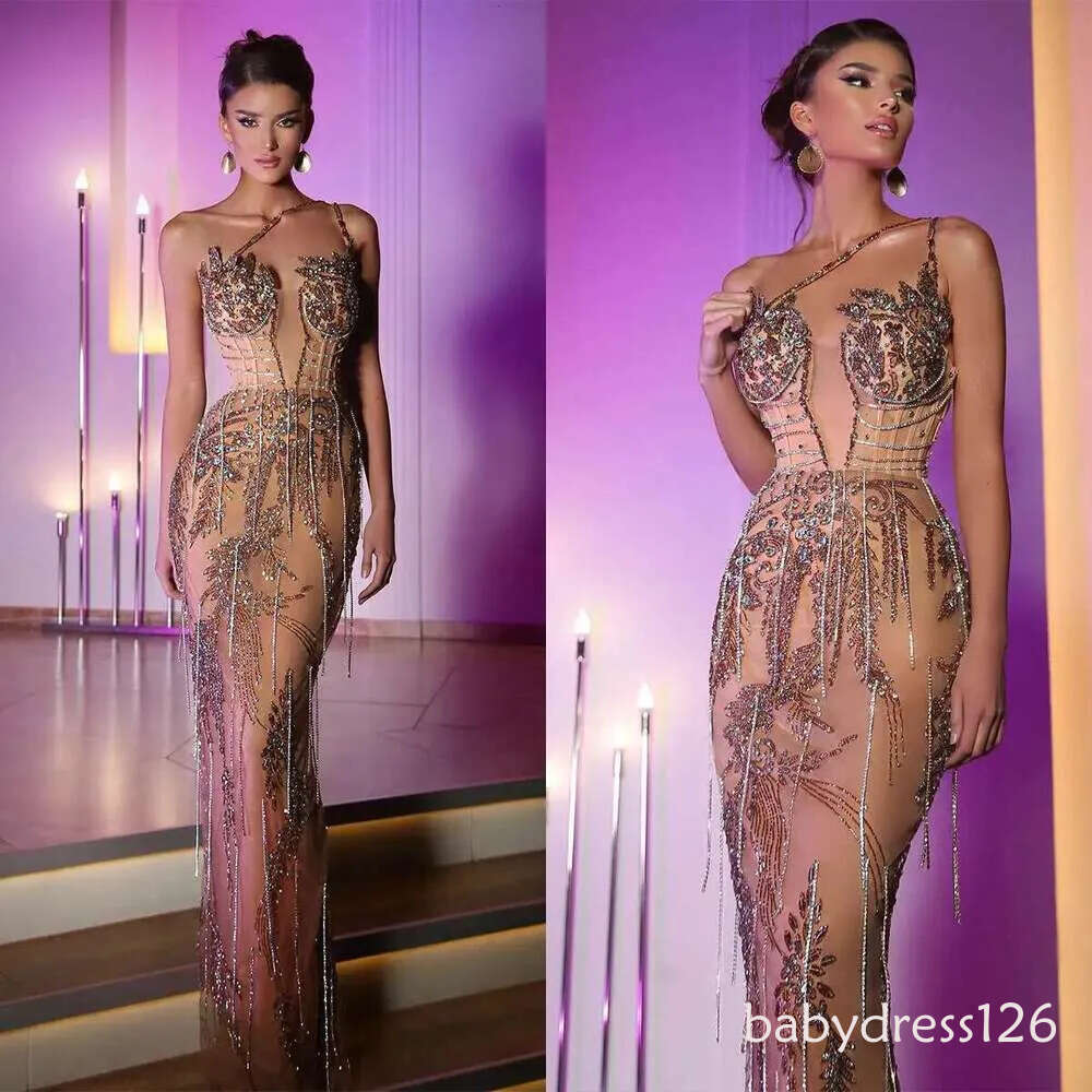 Straight One Shoulder Beads Crystal Lace Sleeveless Evening Ball Gown Party Dress Made to Order