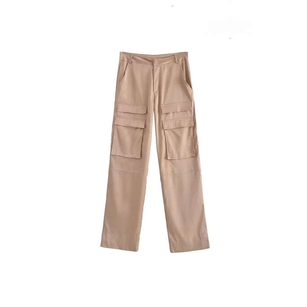 Women's Capris TRAF Women Fashion With Pockets Satin Cargo Pants Vintage High Waist Zipper Fly Female Trousers Mujer 230321 H260209